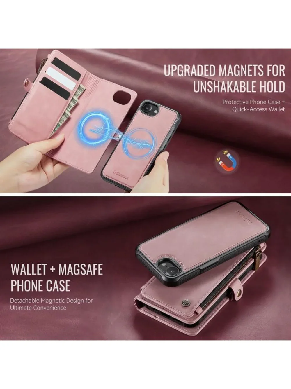 Stylish Rose Pink Wallet Case for iPhone 17e/16e, MagSafe Compatible, Slim